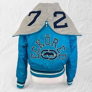 Ecko blue varsity jacket with rhinestone hood